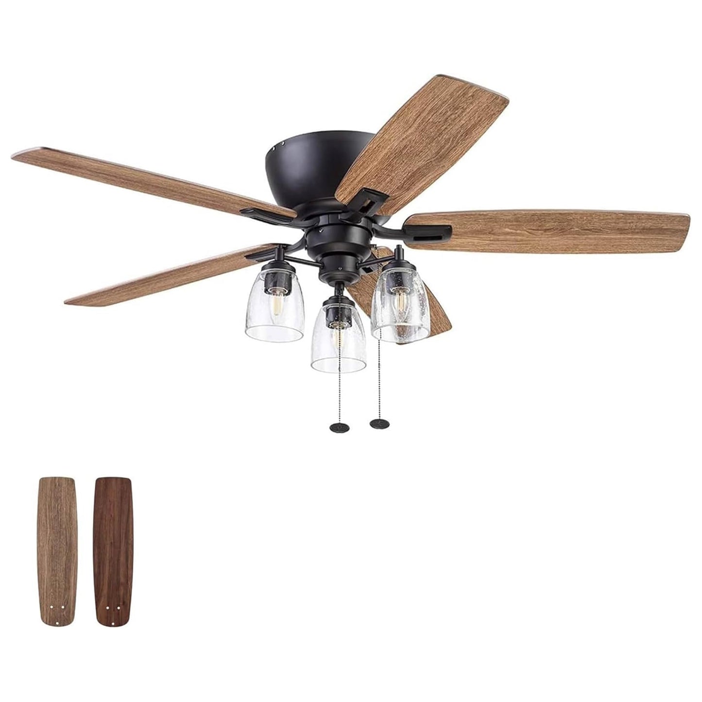 Prominence Home Arthur, 52 inch Industrial Farmhouse Flush Mount LED Ceiling Fan with Light, Pull Chain, Three Mounting Options, Dual Finish Blades