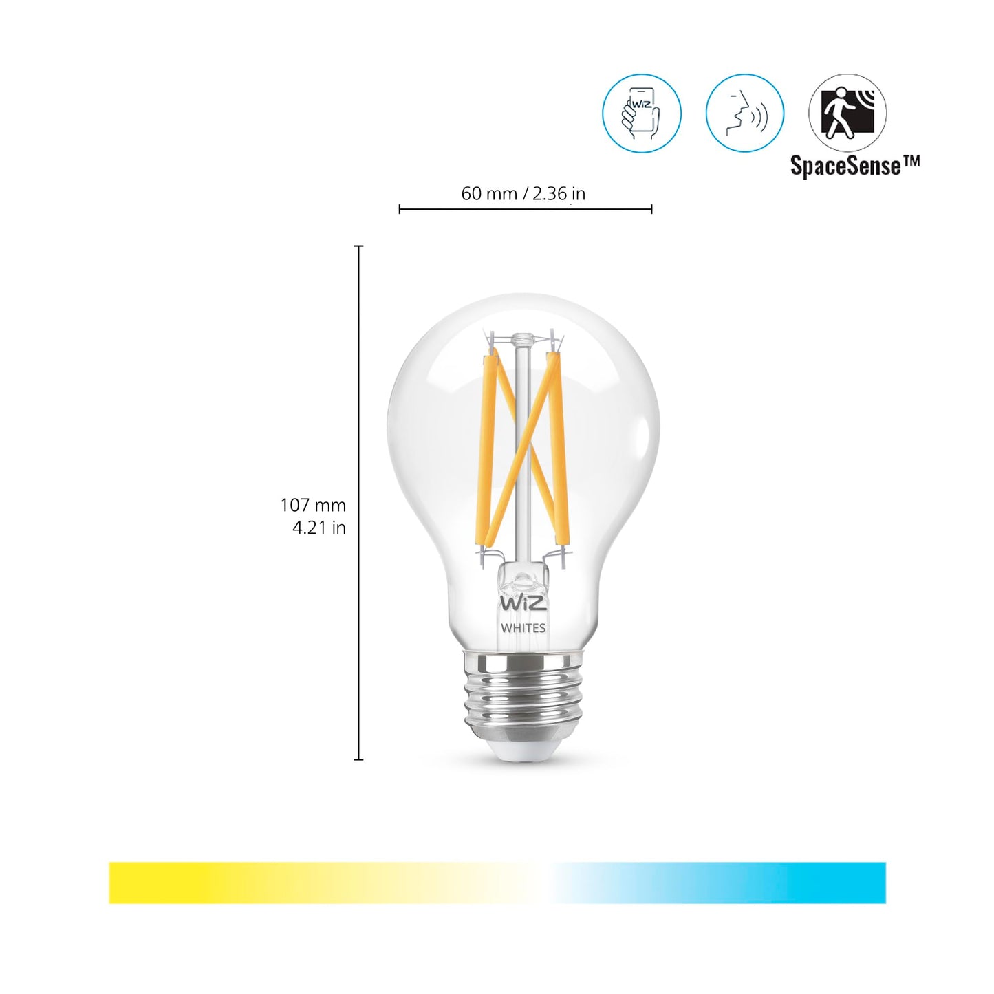 WiZ Clear 60W A19 Tunable White Filament LED Smart Bulb - Pack of 1 - E26- Indoor - Connects to Your Existing Wi-Fi - Control with Voice or App +