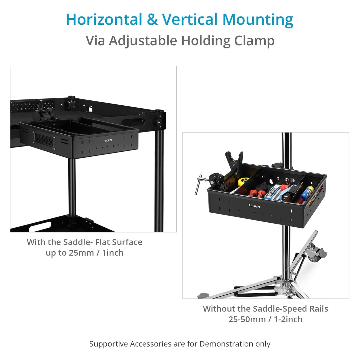 PROAIM Camera Assistant Front Tray for Small Productions/Studio Films. Clamping Range: Flat Surface (with Saddle): up to 25mm; Speed Rails: up