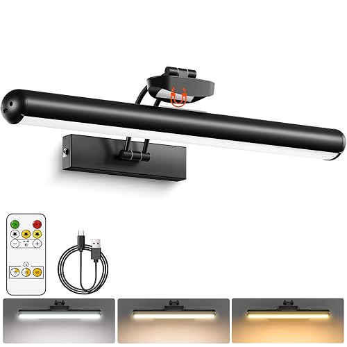 Picture Light for Wall with Remote, Wireless Battery Operated Wall Lights with 3 Colors Dimmable & Timer, 12.6" Rechargeable Metal Wall Sconce