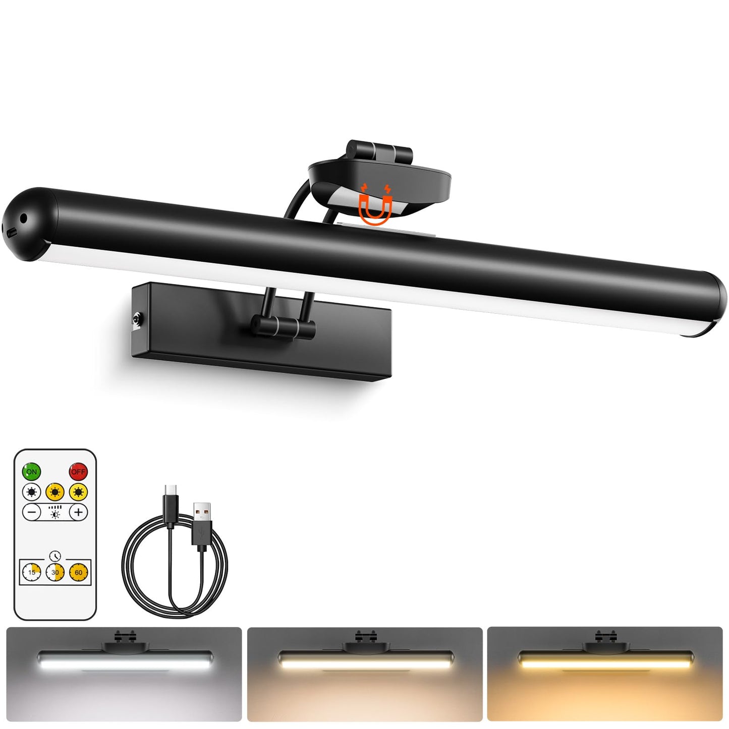 Picture Light for Wall with Remote, Wireless Battery Operated Wall Lights with 3 Colors Dimmable & Timer, 12.6" Rechargeable Metal Wall Sconce