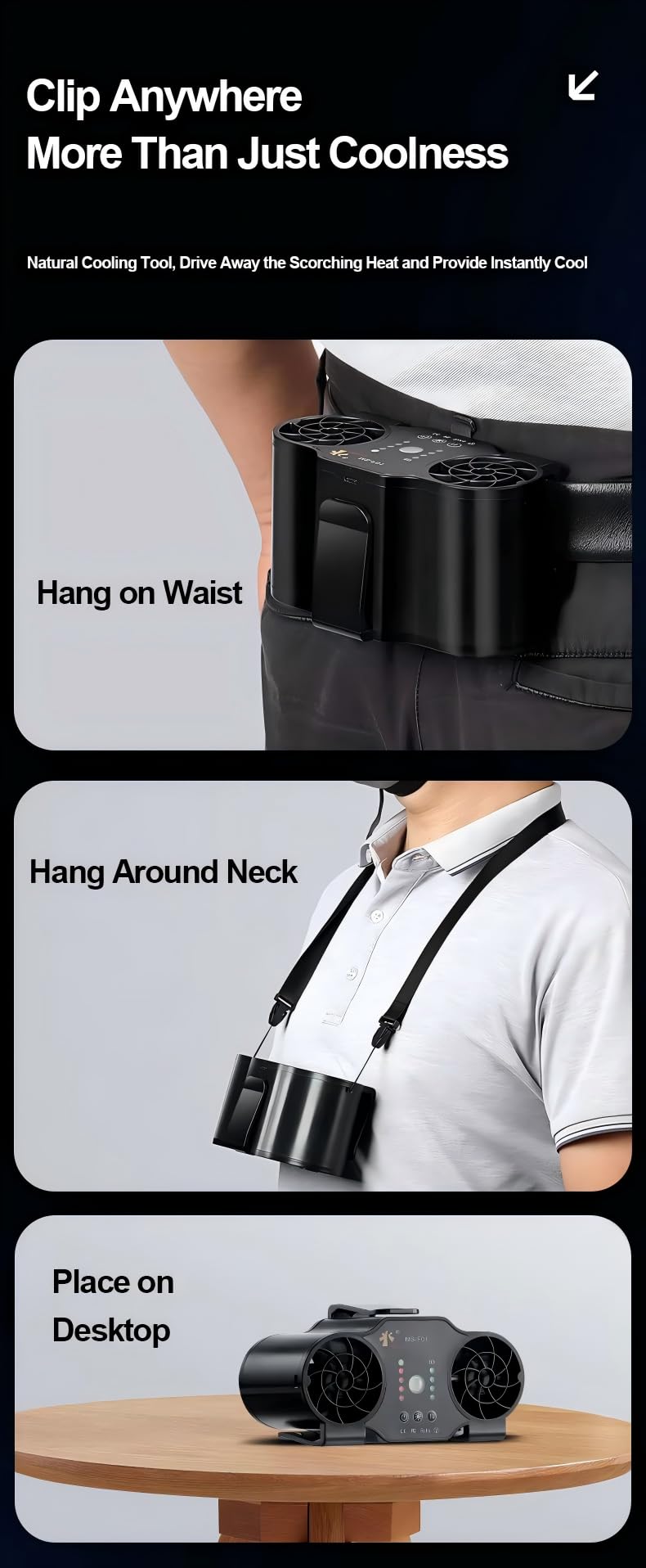 KONPWAY Portable Waist Fan with Dual Head, Wearable Neck Fan for Camping Hiking Fishing Outdoor Activities