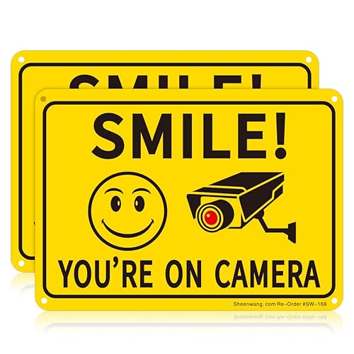 Sheenwang 2-Pack Smile You’re on Camera Sign, Video Surveillance Signs Outdoor, UV Printed .040 Mil Rust Free Aluminum 10 x 7 in, Security Camera Sign