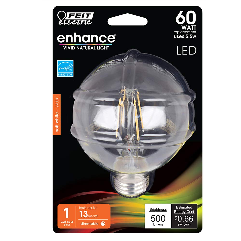 Feit Electric G25 Enhance Glass Filament Globe LED Light Bulb, 60W Eq