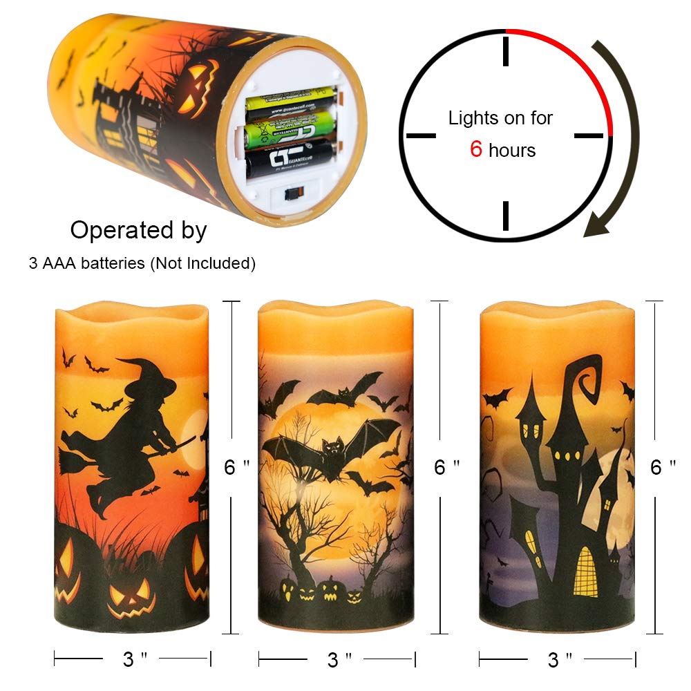 Eldnacele Halloween Flameless Flickering LED Candles with 6-Hour Timer, Battery Operated Wax Candles Assorted Decals Witch, Bats, Castle Set of 3