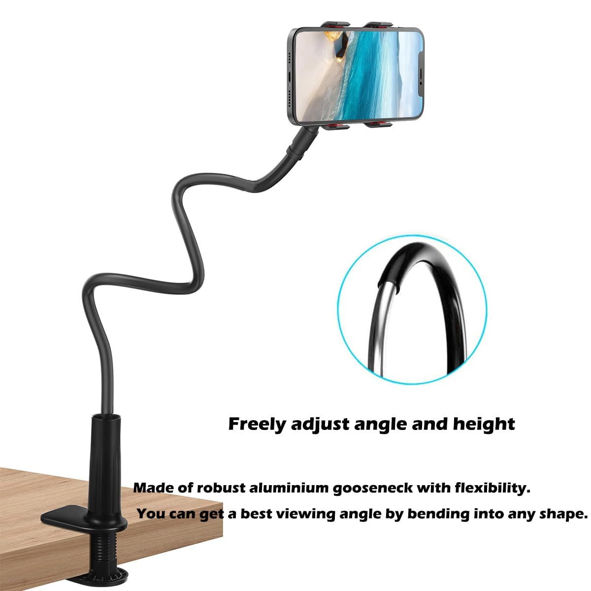 Selfdee Phone Holder for Bed, Gooseneck Clip Adjustable Phone Stand - Universal 360 Flexible Mount for Bedside headboard Lazy Long Arm Clamp Bracket