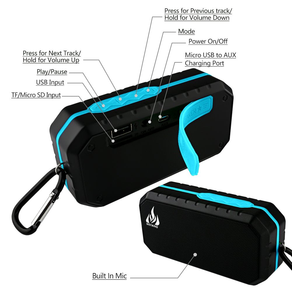 WEYANG Portable Bluetooth Speaker,IP65 Waterproof Wireless Speaker,Wireless Outdoor Bluetooth Speakers,Bluetooth 5.0,Built in micSupport Micro SD/TF