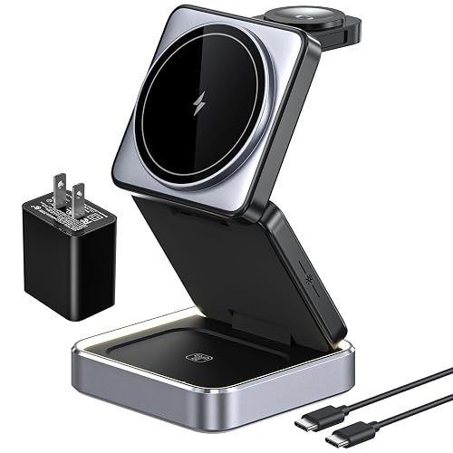3 in 1 Wireless Charger for iPhone 17 16 15 14 13 12 11 Pro Max Foldable Wireless Charging Station with Night Light for MagSafe Travel Magnetic
