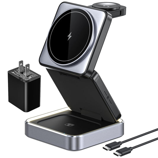 3 in 1 Wireless Charger for iPhone 17 16 15 14 13 12 11 Pro Max Foldable Wireless Charging Station with Night Light for MagSafe Travel Magnetic