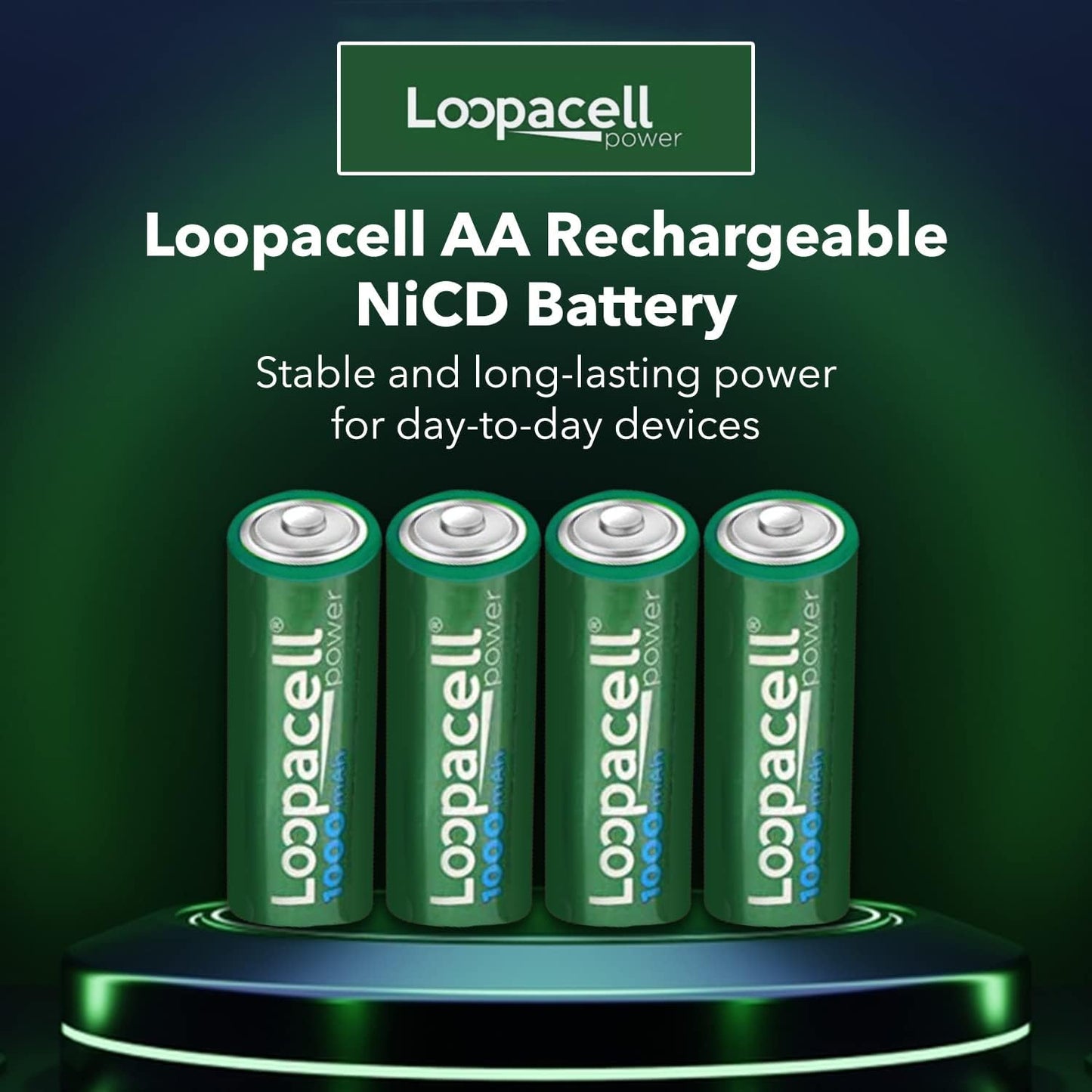 LOOPACELL 4 AA Rechargeable NiCD Battery, 1.2V 1000mAh High Capacity AA Batteries