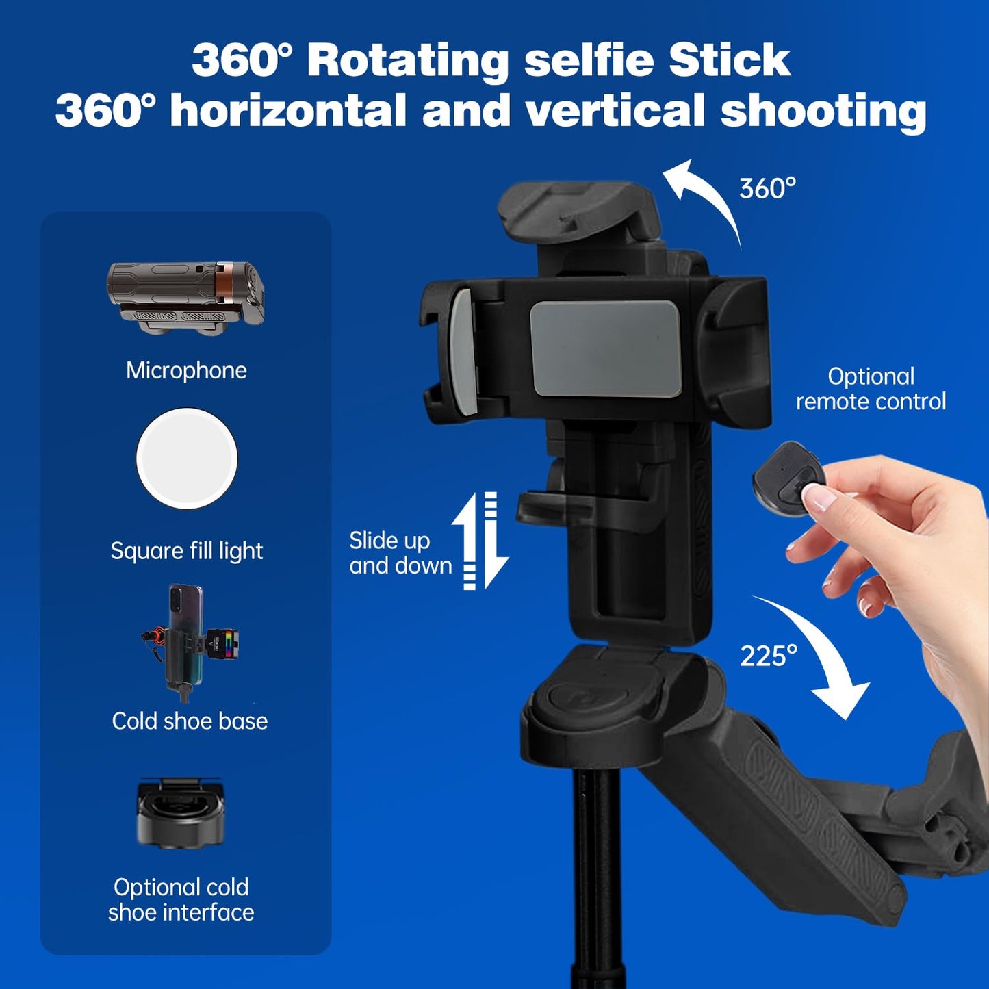HYTAMY Phone Tripod, Selfie Stick Tripod for iPhone/Android with Remote & Light, Extendable Cell Phone Stand, 360°Rotation Travel Stand