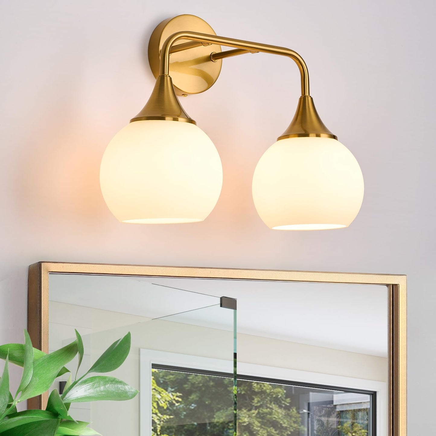 ZHUOER Gold Bathroom Light Fixtures 2-Lights Vanity Lights with Milk White Glass Shade Vanity Lights for Bathroom Modern Bathroom Wall Sconce(Exclude