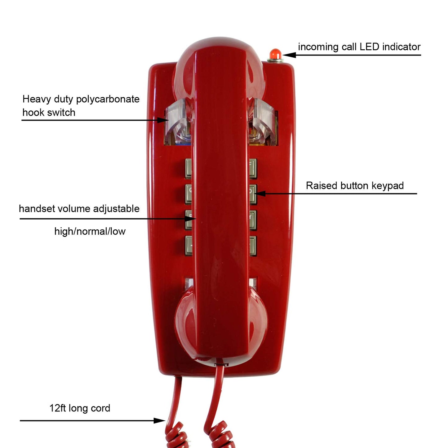 TelPal Red Wall Phone, Analog Corded Wall Mounted Phone with Loud Traditional Bell, Classic Landline Phones Wall Mount with Handset Volume Control