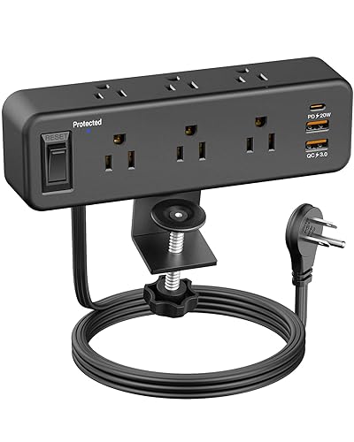 6 Outlet Desk Clamp Power Strip with USB C, Flat Plug Surge Protector, Desktop Edge Mount for 1.8 inch Tabletop Thick, Connect 6 ft Extension Cord