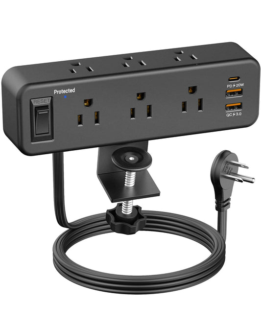 6 Outlet Desk Clamp Power Strip with USB C, Flat Plug Surge Protector, Desktop Edge Mount for 1.8 inch Tabletop Thick, Connect 6 ft Extension Cord