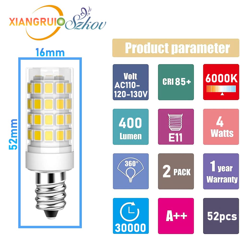 SZKOV 2-Pack E11 LED Bulb JD E11 Candelabra Light Bulb 4W Equivalent 40W Halogen Bulb T4 Edison Screw Candle Mini Candelabra Base,for Chandeliers