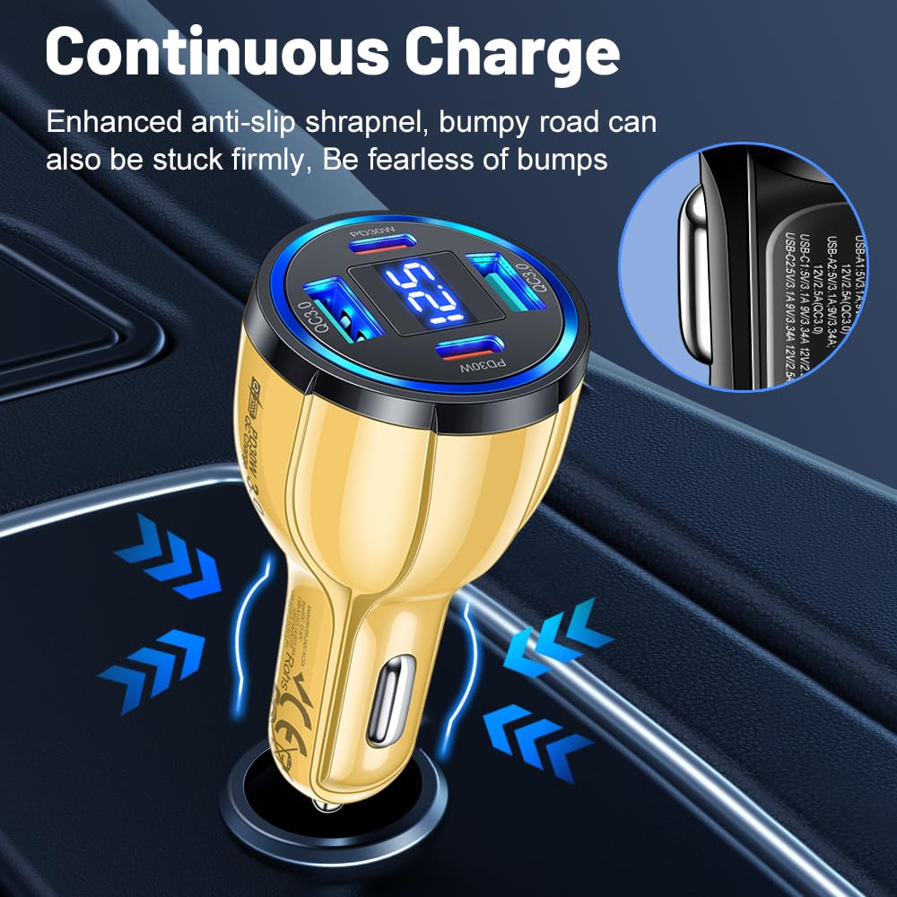 USB C Car Charger Adapter with Voltmeter Compatible with iPhone, Android, Samsung, iPad Pro, PD30W &QC3.0 Multi Port Fast Charging (Yellow)