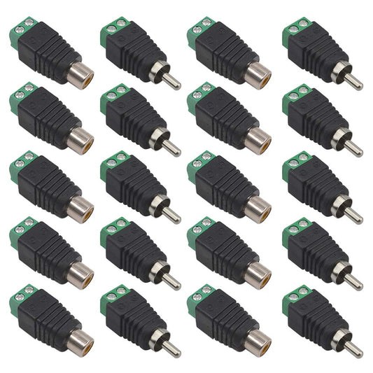FULARR 20Pcs Professional RCA Connector Kit, 10 Pairs RCA Male Plug & Female Socket to AV Screw Terminal Block Audio Video Connector Adapter, for CCTV