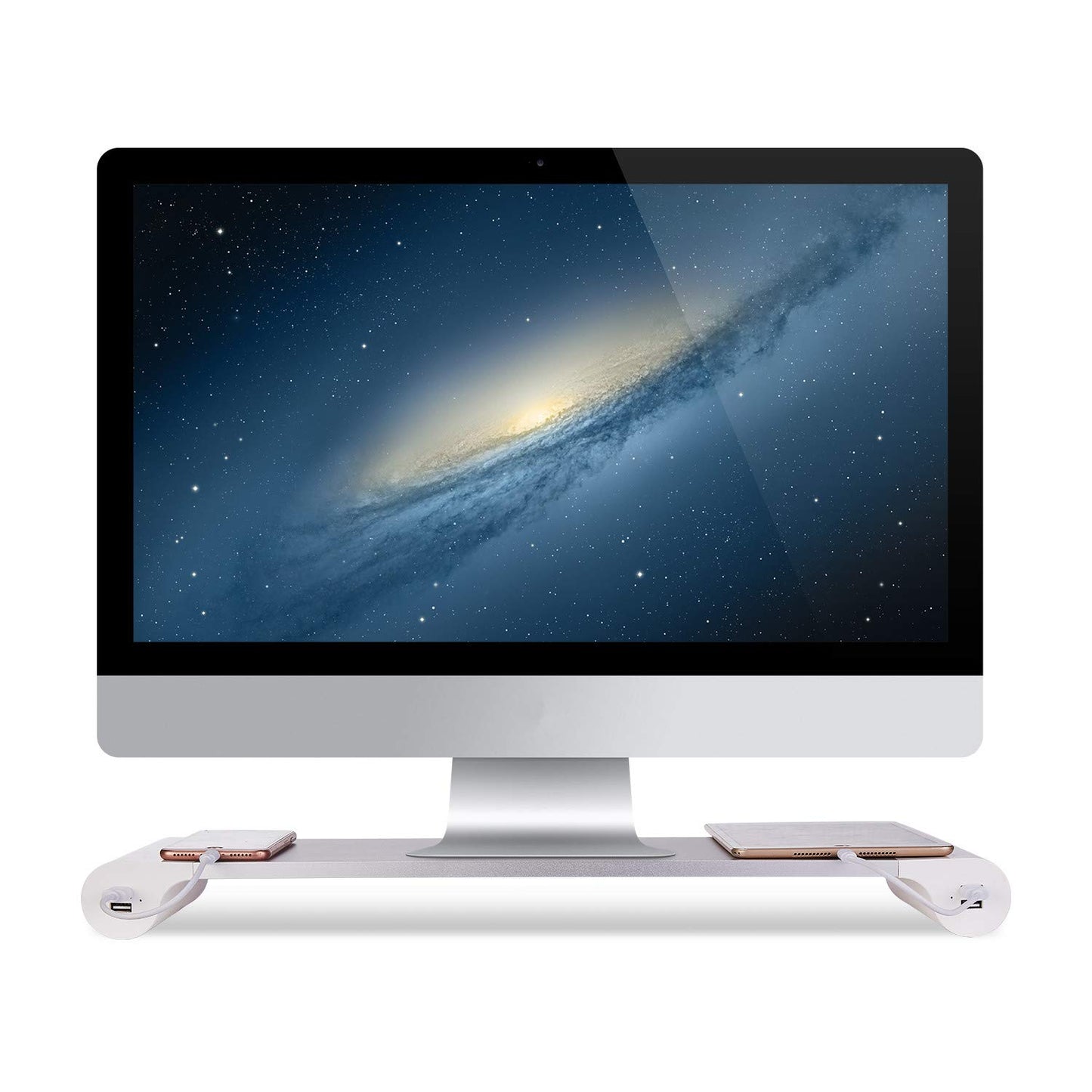 PG Silver Monitor Stand Riser with 4-Port USB Charging ports, Convenient keyboard organiser,Desktop Organizer for Computer, Laptop, TV, Printer