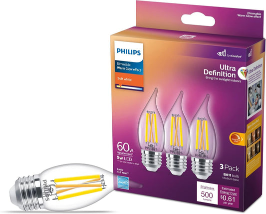 PHILIPS LED 60W BA11 E26 Base 3-Pack Ultra Definition Soft White (2700K) 500 Lumen (5W=60W) Dimmable Clear No Flicker Candelabra Light Bulbs