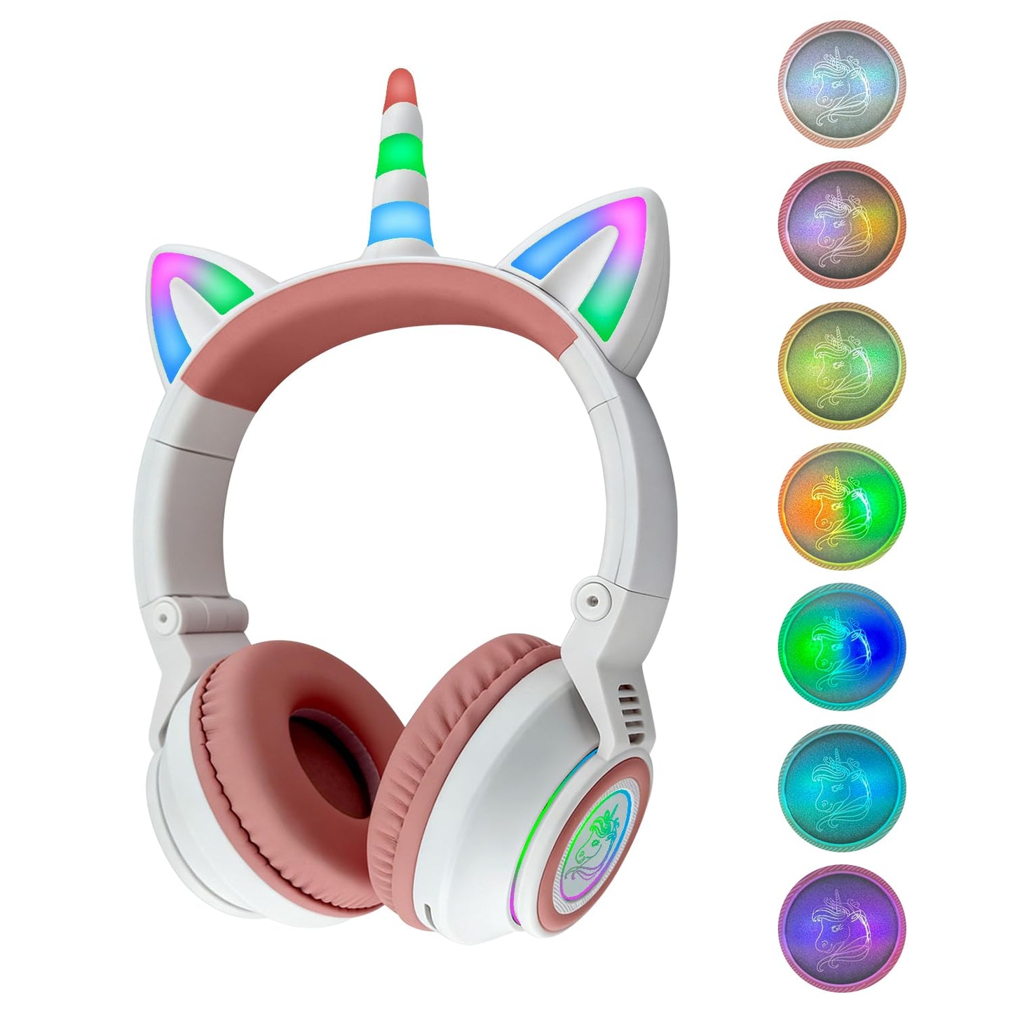 YUSONIC Upgrade Unicorn Headphones for Girls, Kids Bluetooth Wireless Headphones with 7 Colour Flash Light, 93dB Volume Limited, for Toddlers