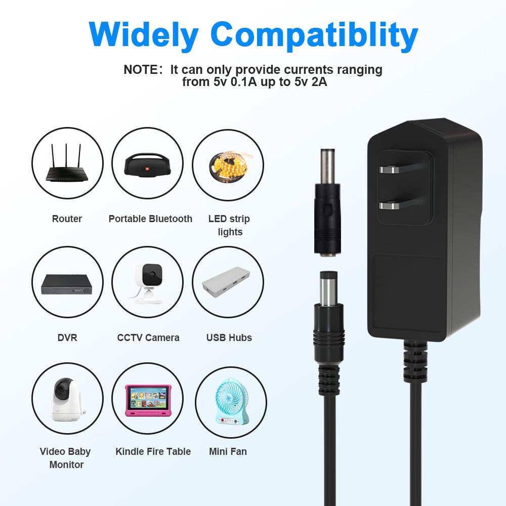 HYGAMOCC 5V 2A 10W Power Supply Adapter AC/DC Wall Plug Charger with 8 Tips DC 5 Volt 2Amp 1A 1.5A Replacement Power Cord for Security Camera Baby…