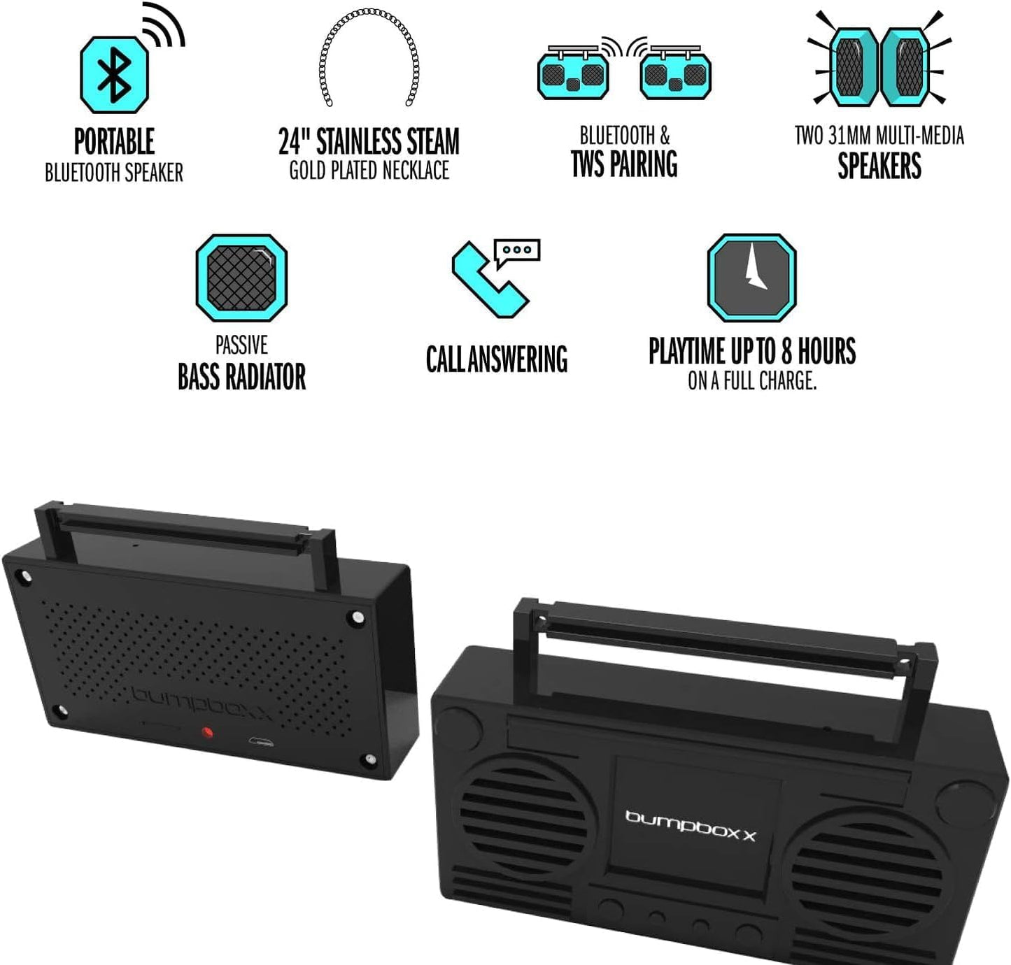 Bumpboxx MicroBoom Wearable Necklace Bluetooth Speaker Boombox | Bluetooth Portable Speaker | Includes 24” Chain & Rechargeable LI-ION Battery | Add