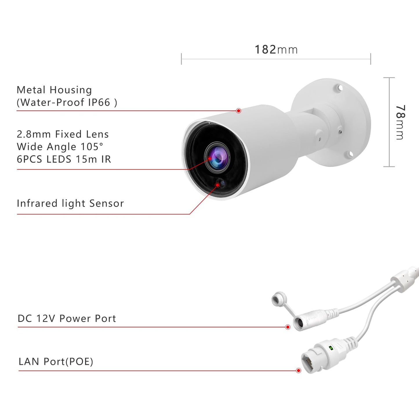 Tennoz 5MP PoE IP Bullet Camera Outdoor, H.265 PoE IP Security Camera with 2.8mm Lens, 80ft Night Vision, 105° Wide Angle, Compatible with Third-Party