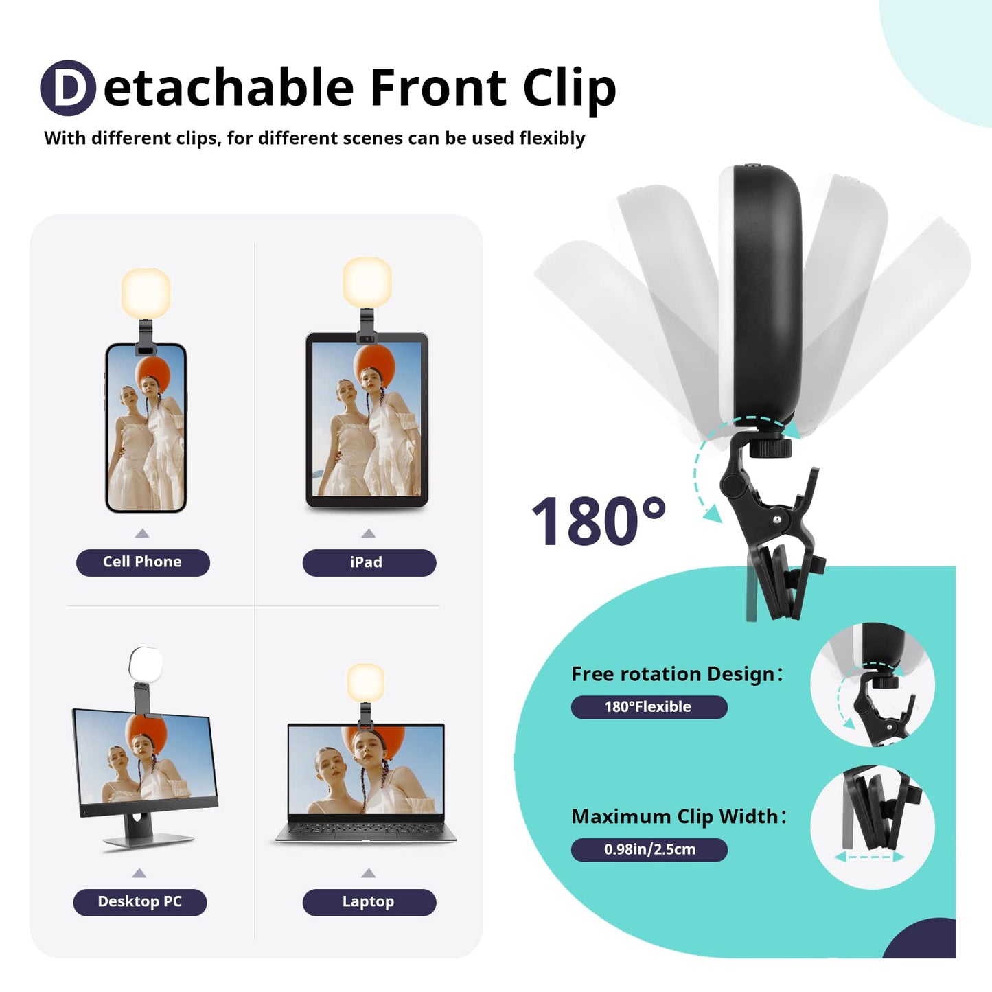Sensyne Selfie Light, 60 LED Video Conference Lighting, Adjusted 3 Light Modes, Rechargeble Clip-on Fill Light Compatible with Cell Phone,iPad,Laptop