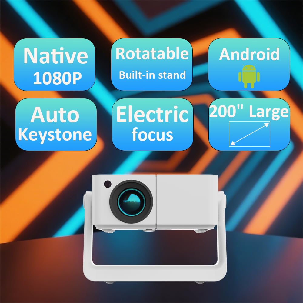 Mini Projector with WiFi and Bluetooth?Auto Keystone&Electric Focus&Rotatable?Built-in Stand Projector Android Projector Suitable