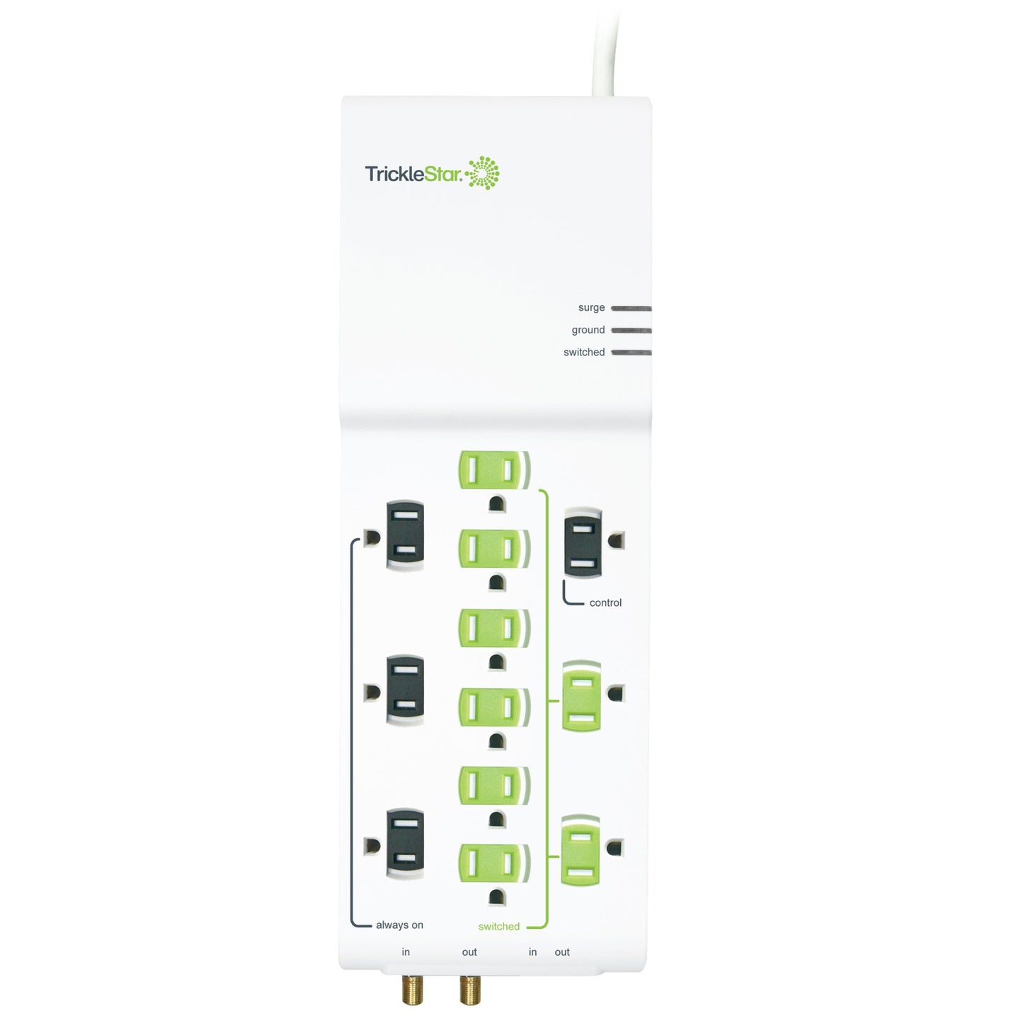 TrickleStar TS1006 12-Outlet Tier 1 Advanced PowerStrip, 4320 Joules, Coax + RJ11 Secondary Protection, 4 ft Cord