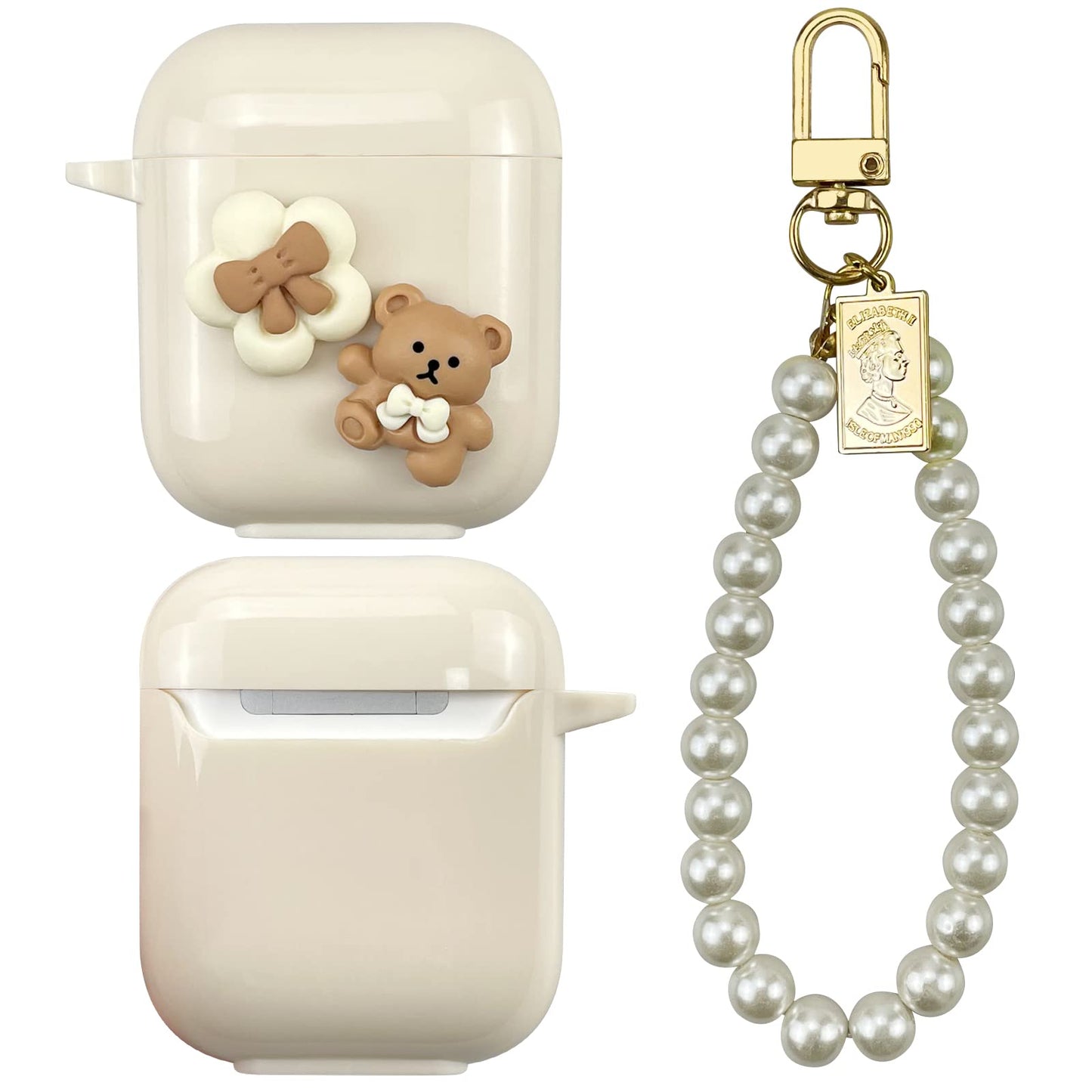 AIIEKZ Cute Kawaii AirPods Case Cover, Lovely Flower Bear Design Smooth Soft Protective Cover for AirPods 1&2 Generation Case with Pearl Chain