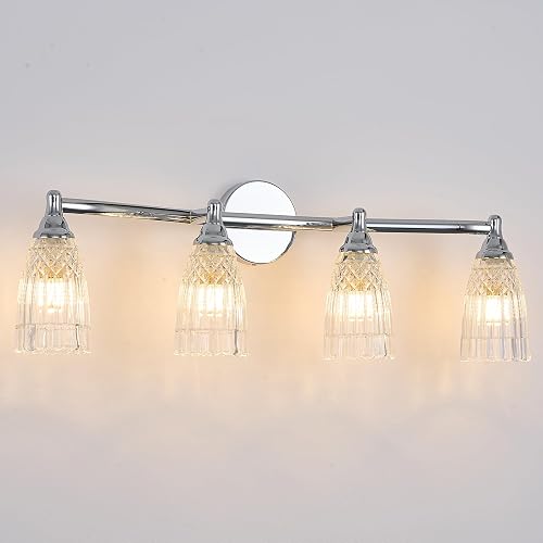HDDFL Chrome Bathroom Vanity Light Fixture 4 Lights Modern Glass Wall Sconce for Bedroom Bath Living Room Hallway