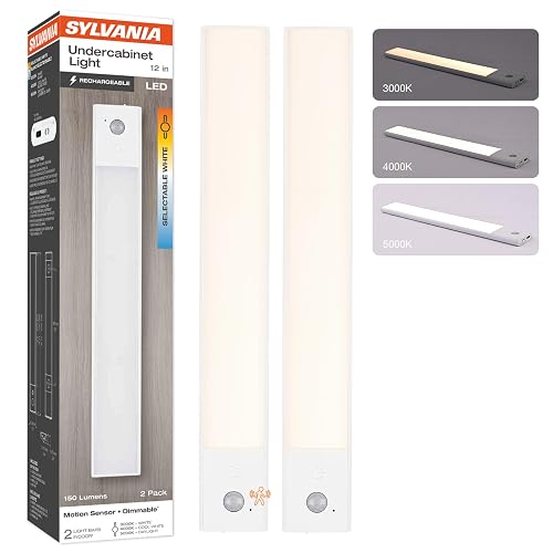 SYLVANIA 12" Under Cabinet Lighting with 2200mAh Rechargeable Battery, LED Motion Sensor, 3 Color Selectable (3000K-5000K), Closet Light/Undercounter