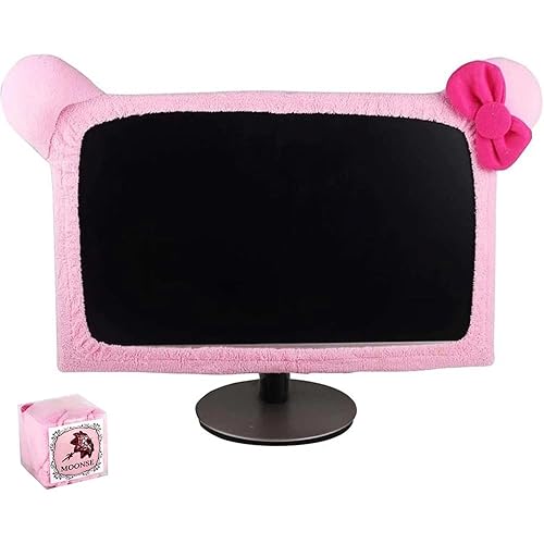 Monfurise 1 Pcs Cute Cat Ear Computer Monitor Cover, Kawaii Pink Dustproof Screen Protector for 20-29 Inch Display, Soft Elastic Fabric Monitor Dust