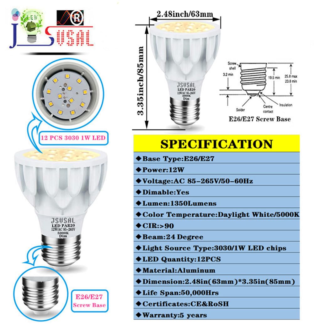 JSVSAL PAR20 LED Bulb,Daylight White 5000K,12W AC 85-265V,Dimmable,2-Pack