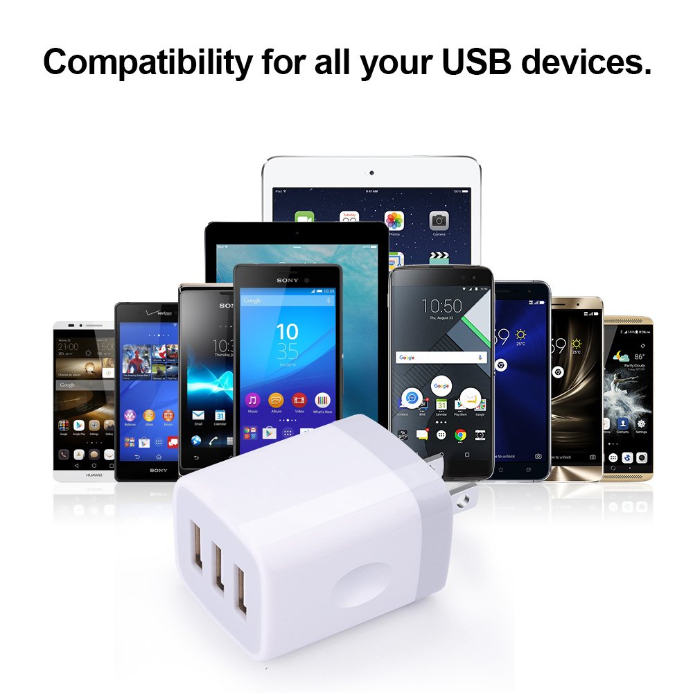 USB Wall Charger,Sicodo 3-Port Travel Smartphone Quick Charger 2 Pack 3.1Am Block USB Adapter Power Plug Charging Station Box Compatible with iPhone