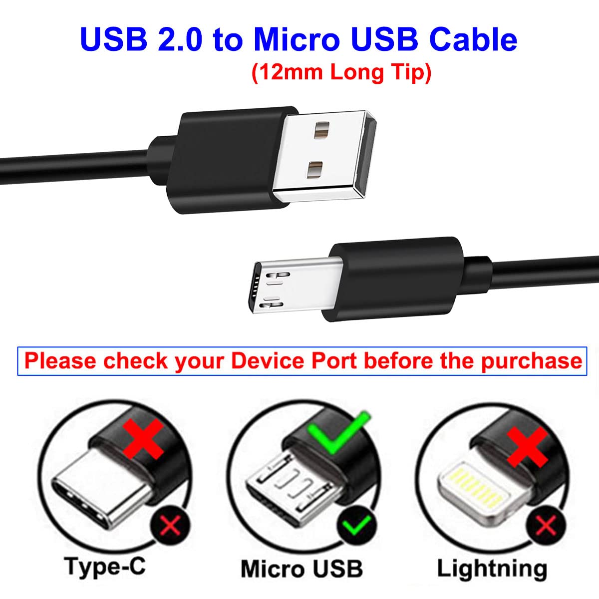 UNIDOPRO 2Pcs 3FT 12mm Long Tip Micro USB Cable Compatible with Blackview BV4000 BV4900 BV5500 Pro/Plus BV5800 BV6000 BV6000s /Oukitel WP12 WP8 Pro
