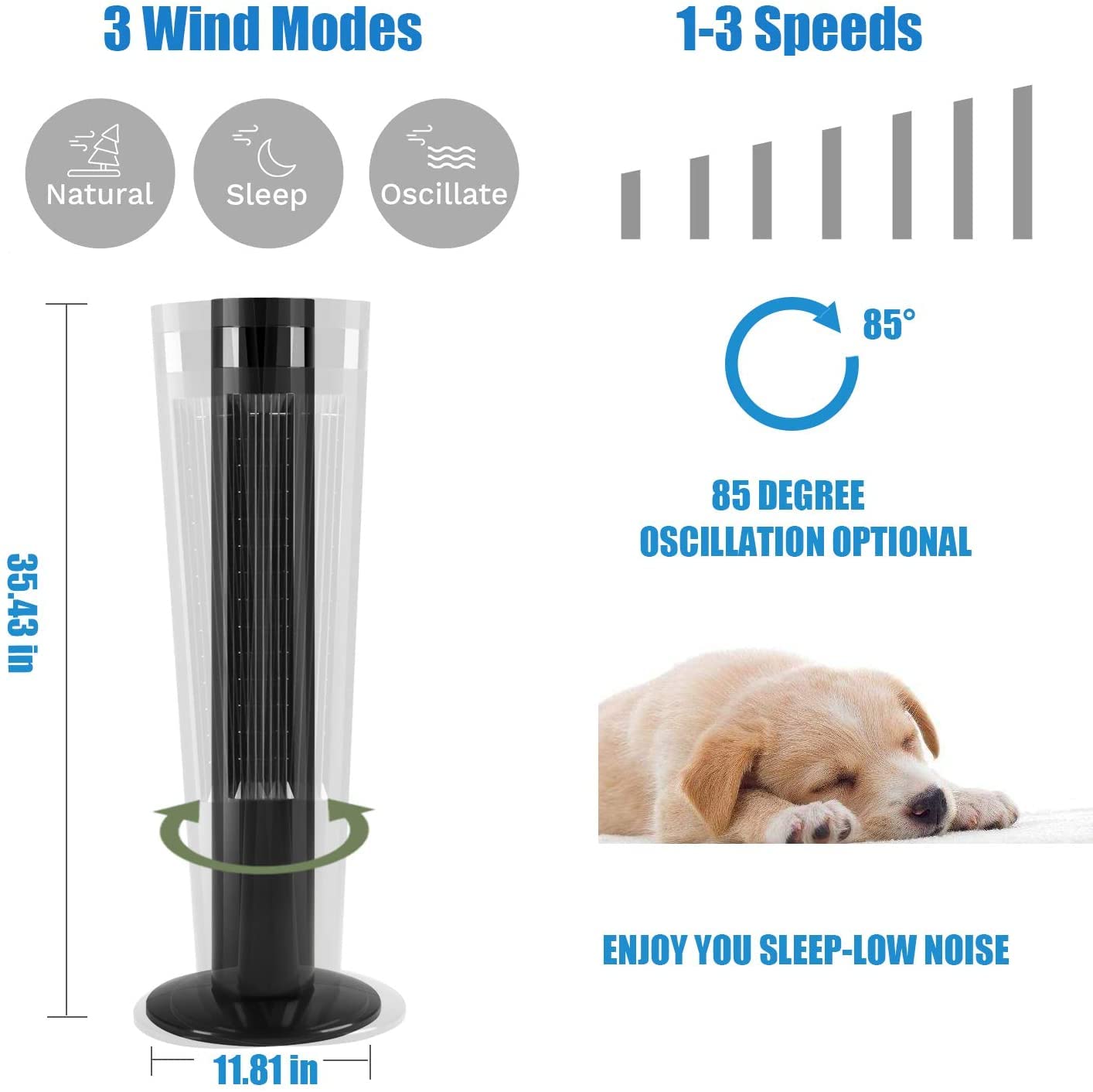 Antarctic Star Tower Fan Portable Electric Oscillating Fan Quiet Cooling Remote Control Standing Bladeless Floor Fans 3 Speeds Wind Modes Timer