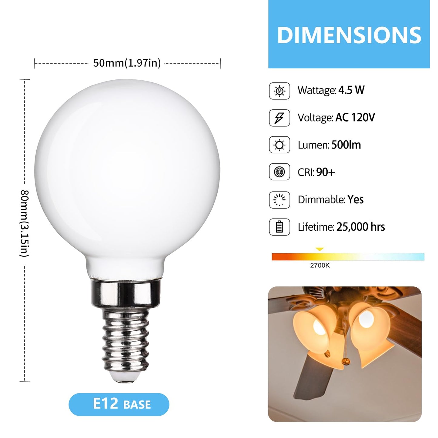 FUTIME 6Pack G50 LED Ceiling Fan Light Bulbs, Dimmable LED Candelabra Bulb