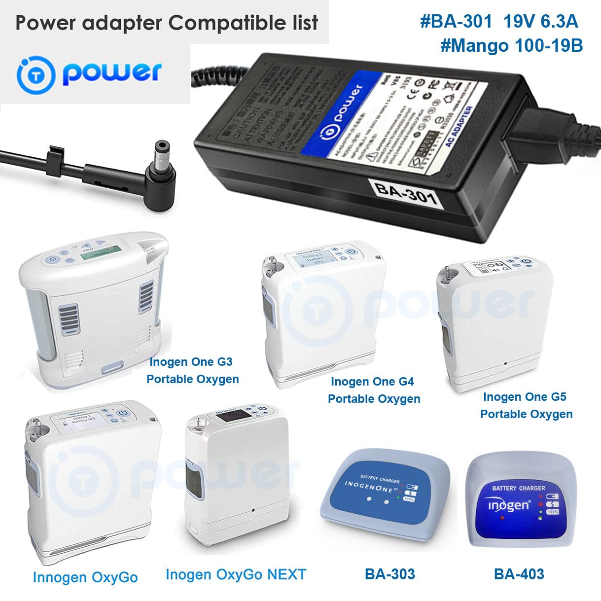 T POWER 120w Charger for Inogen One G1 G2 G3 G4 G5 Oxygen Concentrator Catalog# BA-107 BA-106 BA-301 BA-302 BA-303 19V 6.3A Ac Dc Adapter Power…
