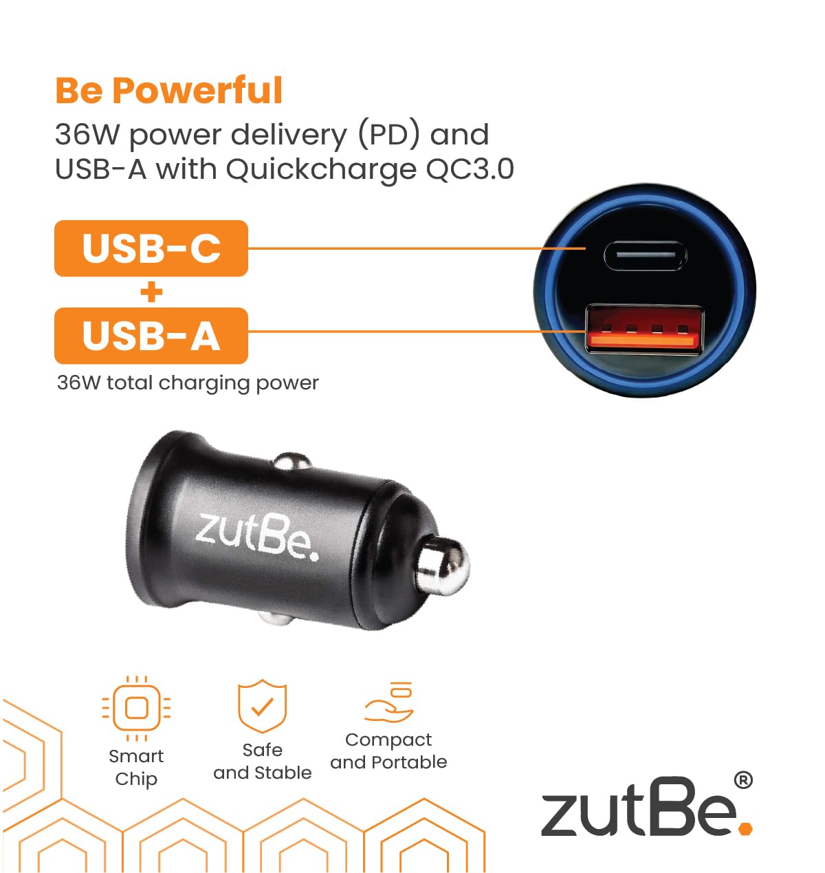 zutBe USB-C PD and USB-A QC 3.0, 36W Compact Metal Fast Car Charger for iPhone 17 16 15 14 13 12 11 X iPad Pro Pixel Samsung Galaxy and More [Be