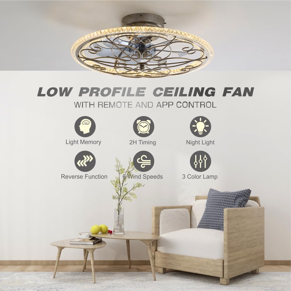 lifeholder Low Profile Ceiling Fan with Lights Remote 20" Ceiling Fan Flush Mount Enclosed Ceiling Light Dimmable Ceiling Lights Chandeliers Handmade