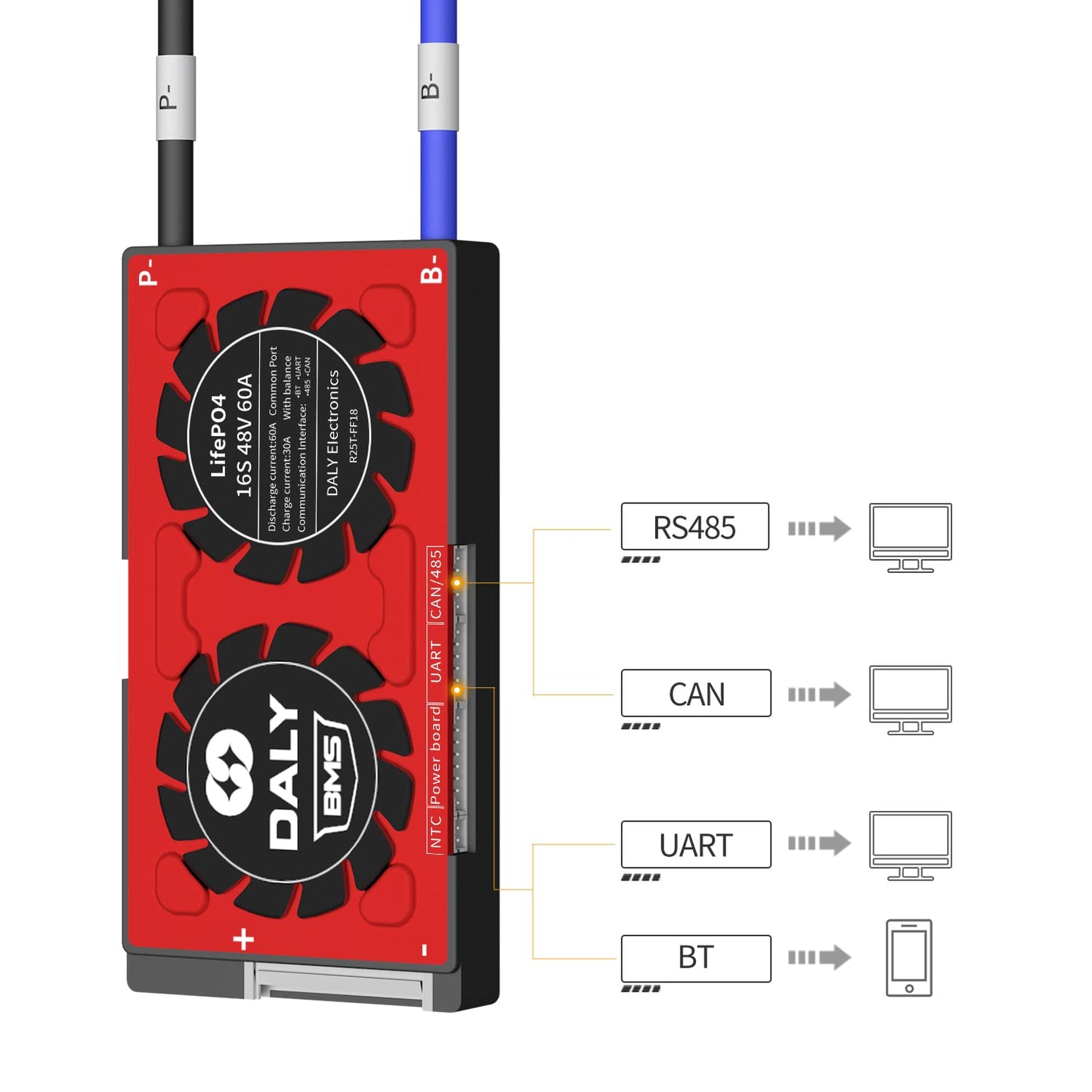 DALY Smart BMS 16S 48V LifePO4 PCB Protection Board with Balance Leads and Wireless Bluetooth Module for 16 Cells 48Volts Lithium Battery Pack(Smart…