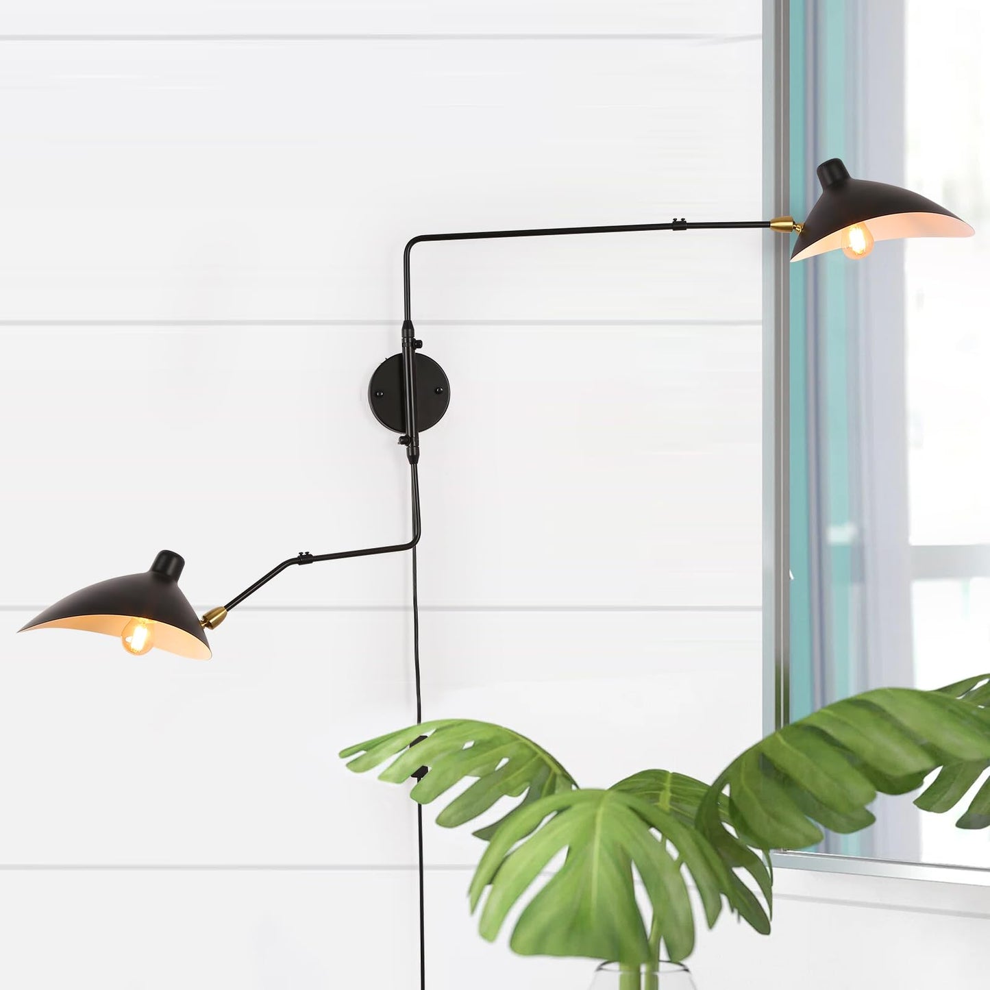 COSYLUX Modern Plug in Wall Sconces, 2-Light Double Swing Arm and Rotatable Beetle Shade Metal Wall Lamp, Vintage Reading Wall Light for Bedroom