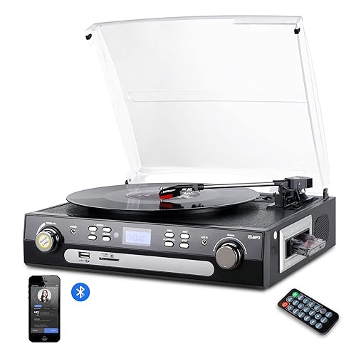 DIGITNOW Bluetooth Record Player with Stereo Speakers, Turntable for Vinyl to MP3 with Cassette Play, AM/FM Radio, Remote Control, USB/SD Encoding