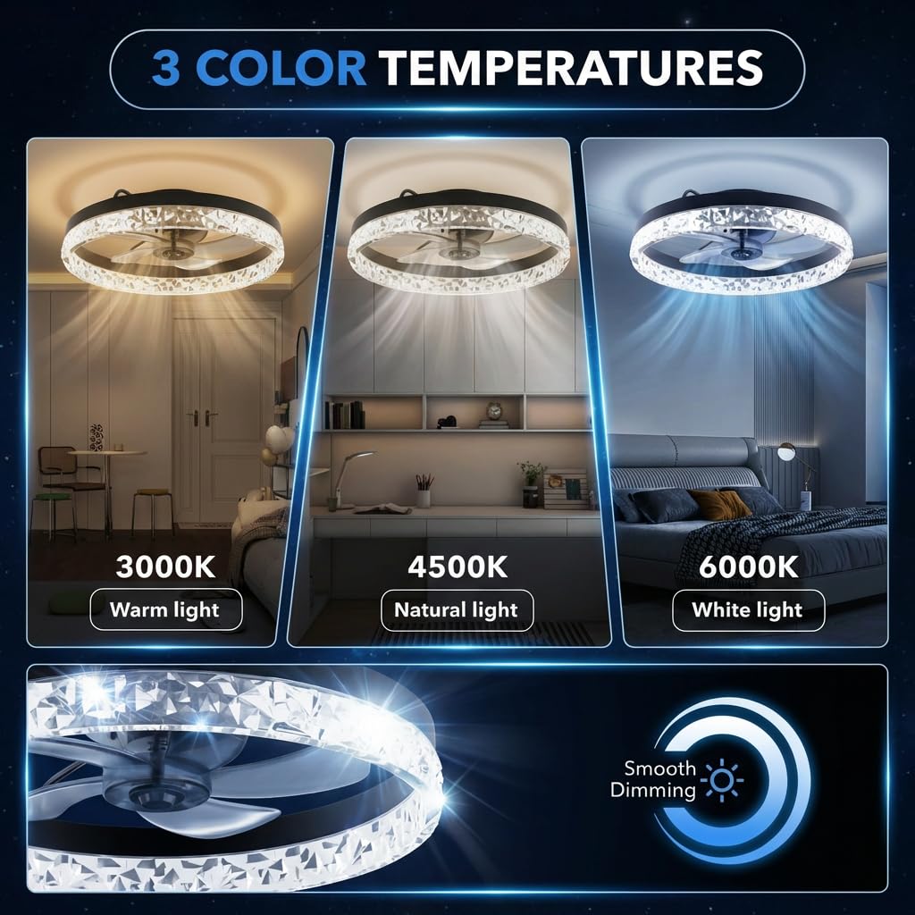 Modern Ceiling Fans with Lights, 20 inch Low Profile Ceiling Fan with Light, Remote and App Control, Stepless Color Temperature Change and 6 Speeds