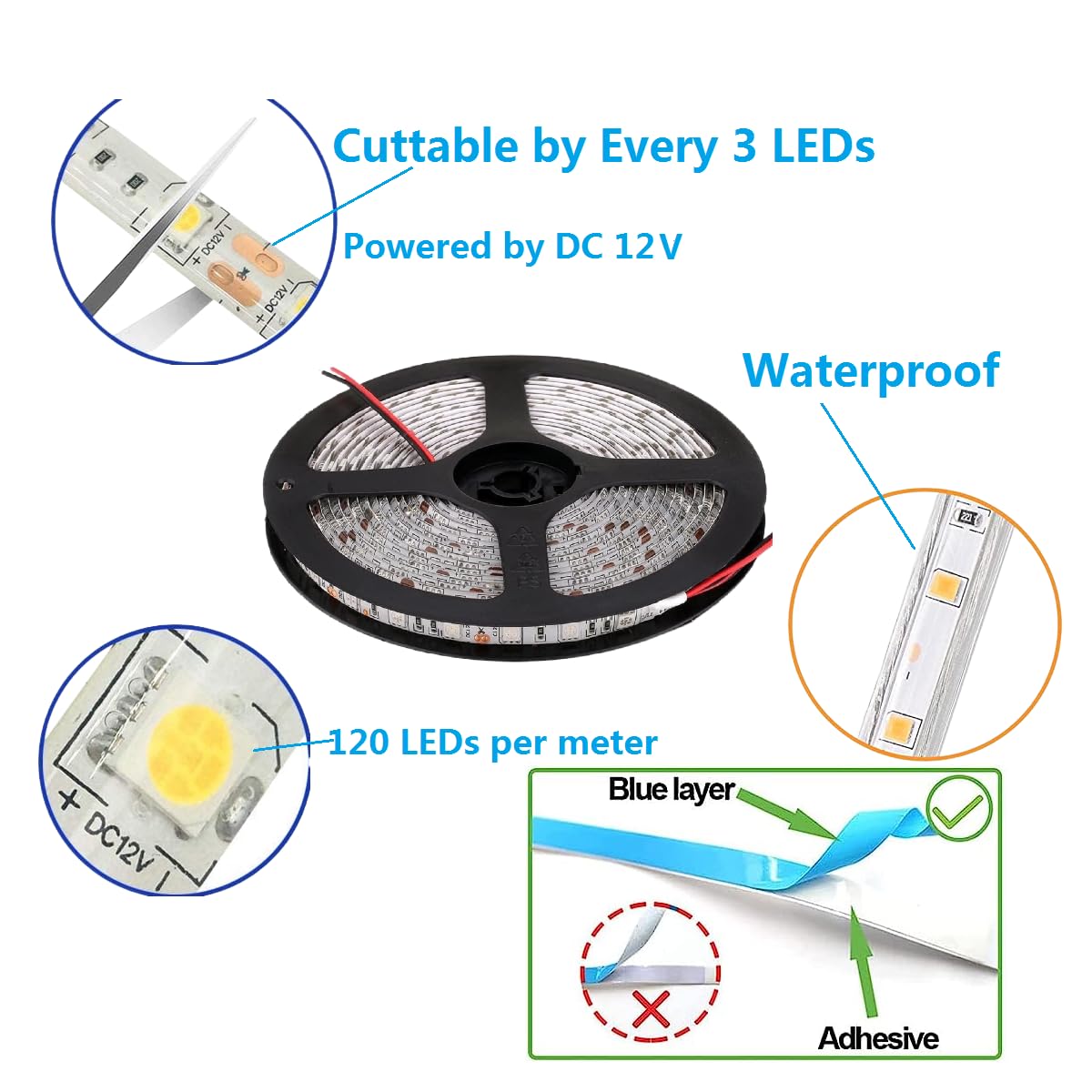 Foxdam Flexible LED Strip Lights,600 Units LEDs,LED Strips,Waterproof,12 Volt LED Light Strips, Pack of 16.4ft/5m,for