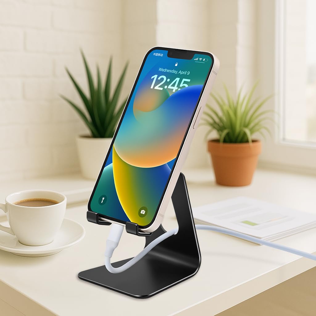 Bidponds Adjustable Aluminum Alloy Cell Phone Stand,Desktop Metal Phone Holder,Smartphone Cradle,Black
