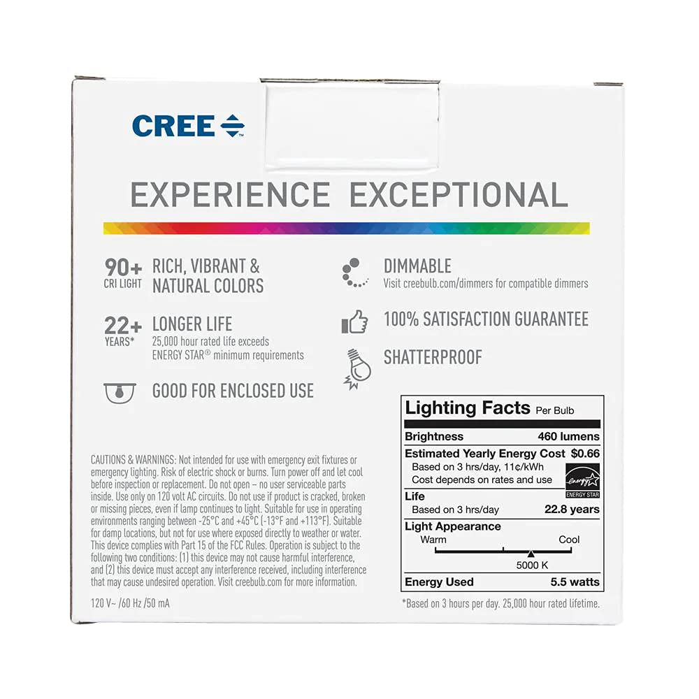 Cree Lighting Exceptional Series A19 Bulb, 5000K Dimmable LED Bulb, 40W + 460 Lumens, Daylight, 2 Pack